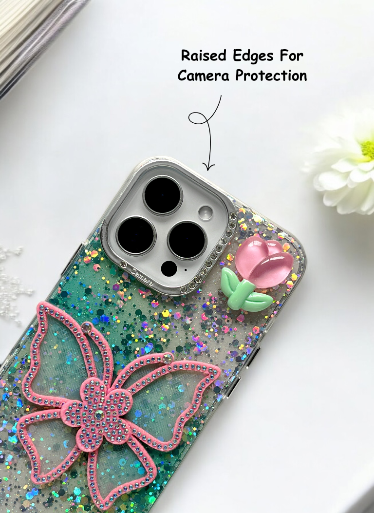Green Sparkle Bloom 3D Butterfly Phone Case with Charm