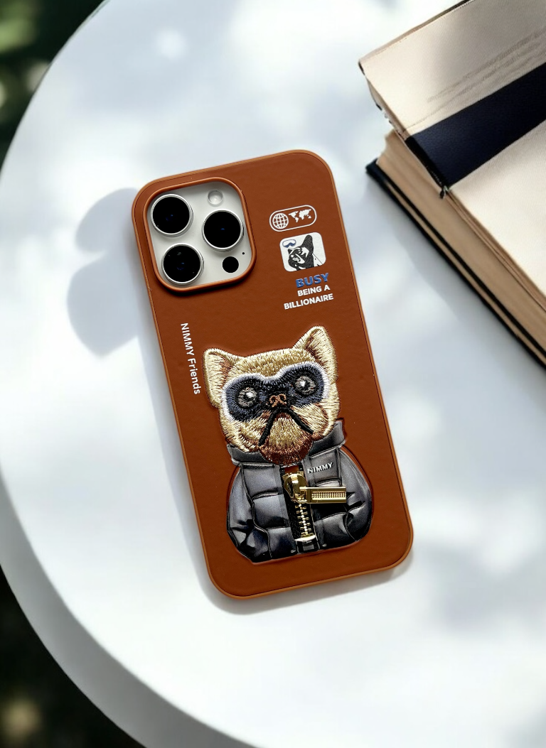 Nimmy Brown Bull Dog Shockproof Embroidery PU Leather Phone Case