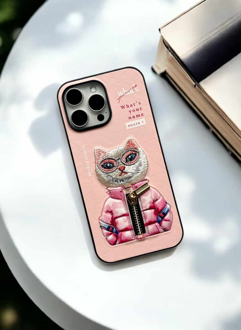 Nimmy Pink Cat Shockproof Embroidery PU Leather Phone Case