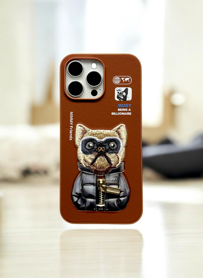 Nimmy Brown Bull Dog Shockproof Embroidery PU Leather Phone Case