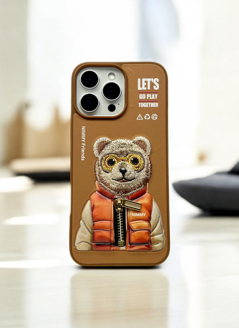 Nimmy Brown Bear Shockproof Embroidery PU Leather Phone Case