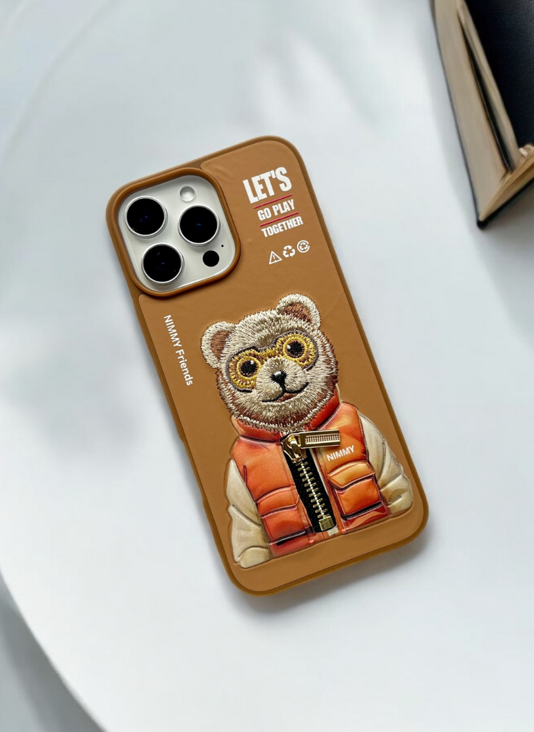 Nimmy Brown Bear Shockproof Embroidery PU Leather Phone Case