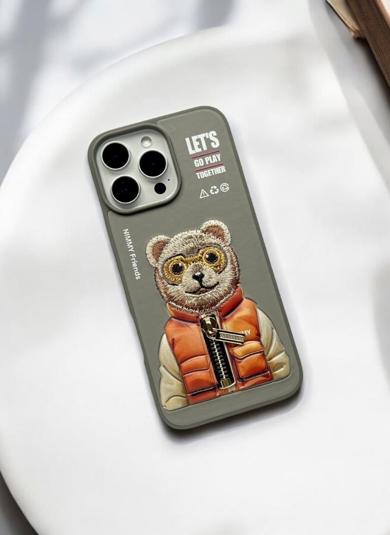 Nimmy Grey Bear Shockproof Embroidery PU Leather Phone Case