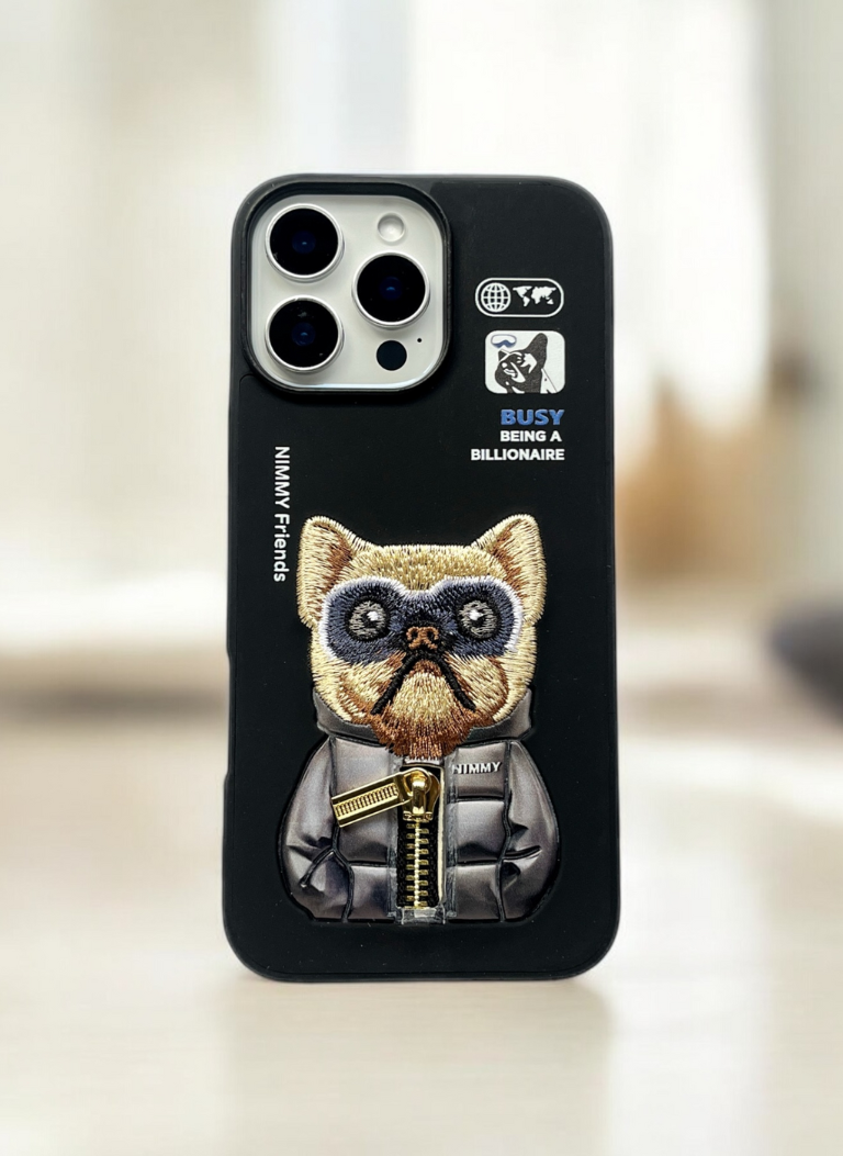 Nimmy Black Bull Dog Shockproof Embroidery PU Leather Phone Case