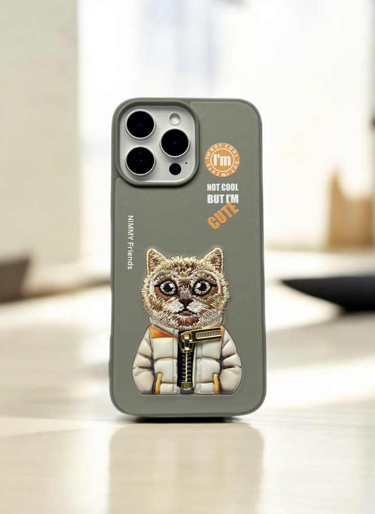 Nimmy Grey Cat Shockproof Embroidery PU Leather Phone Case