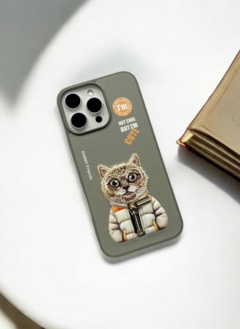 Nimmy Grey Cat Shockproof Embroidery PU Leather Phone Case