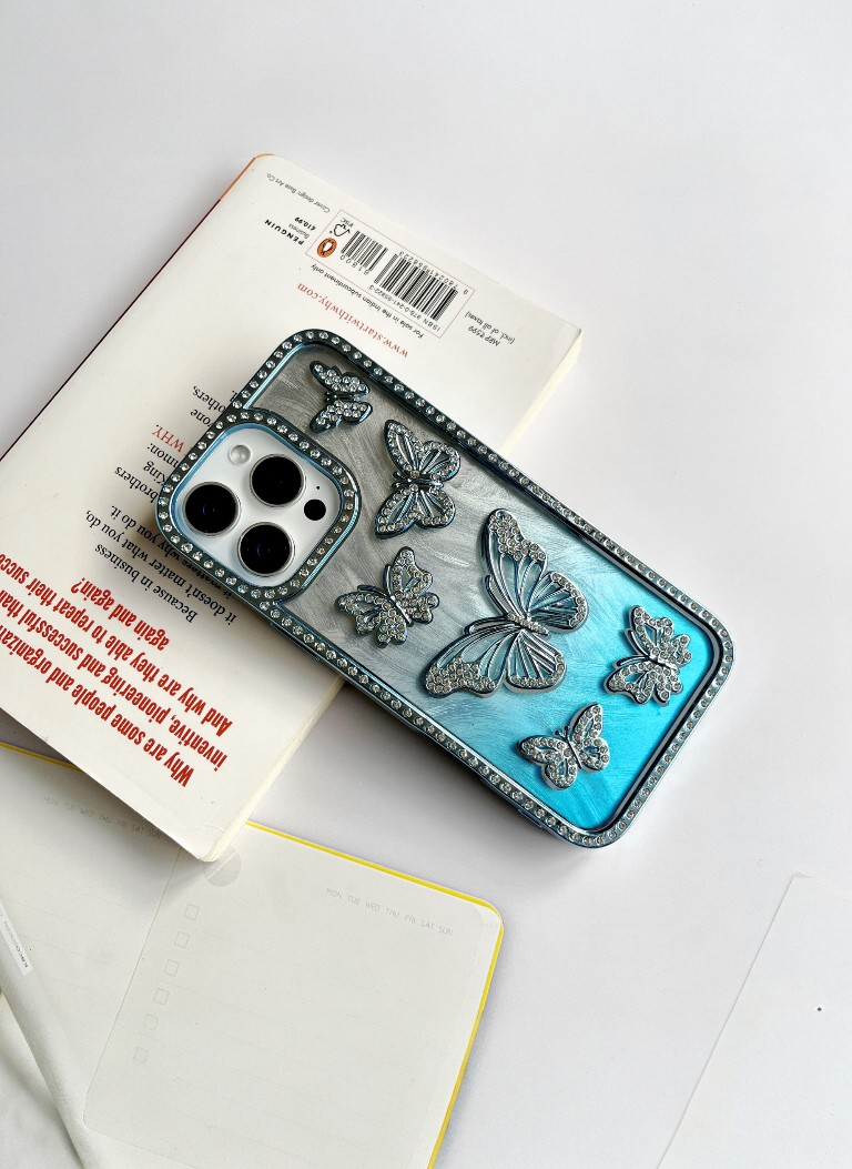Blue Color Butterfly Phone Case With Studded Diamonds