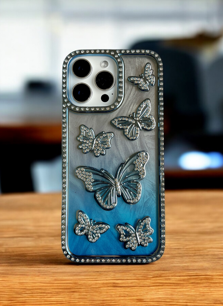 Blue Color Butterfly Phone Case With Studded Diamonds