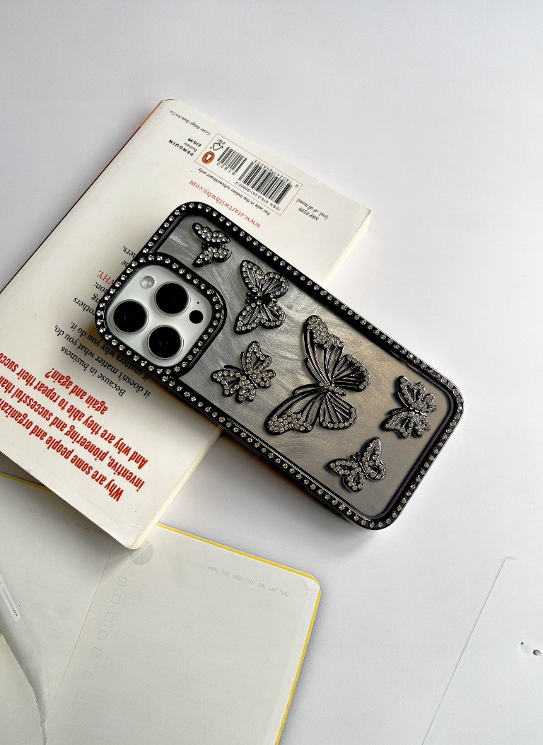 Black Color Butterfly Phone Case With Studded Diamonds