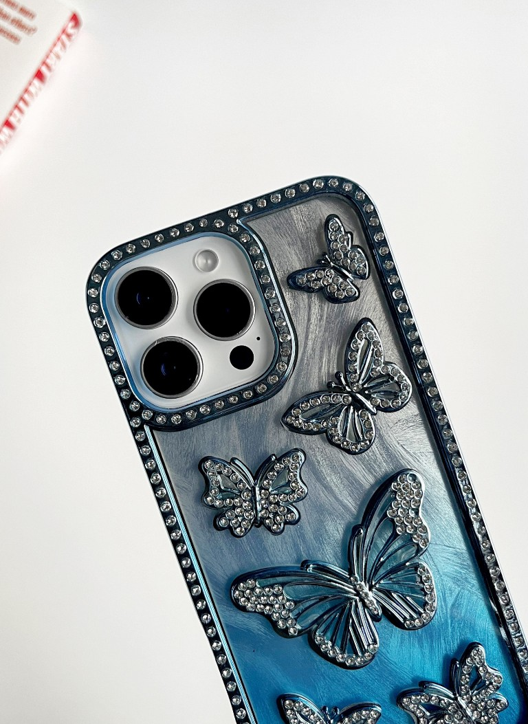 Blue Color Butterfly Phone Case With Studded Diamonds