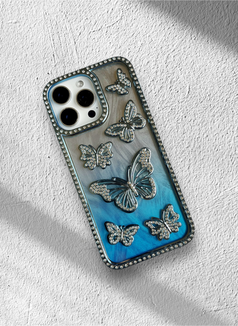 Blue Color Butterfly Phone Case With Studded Diamonds