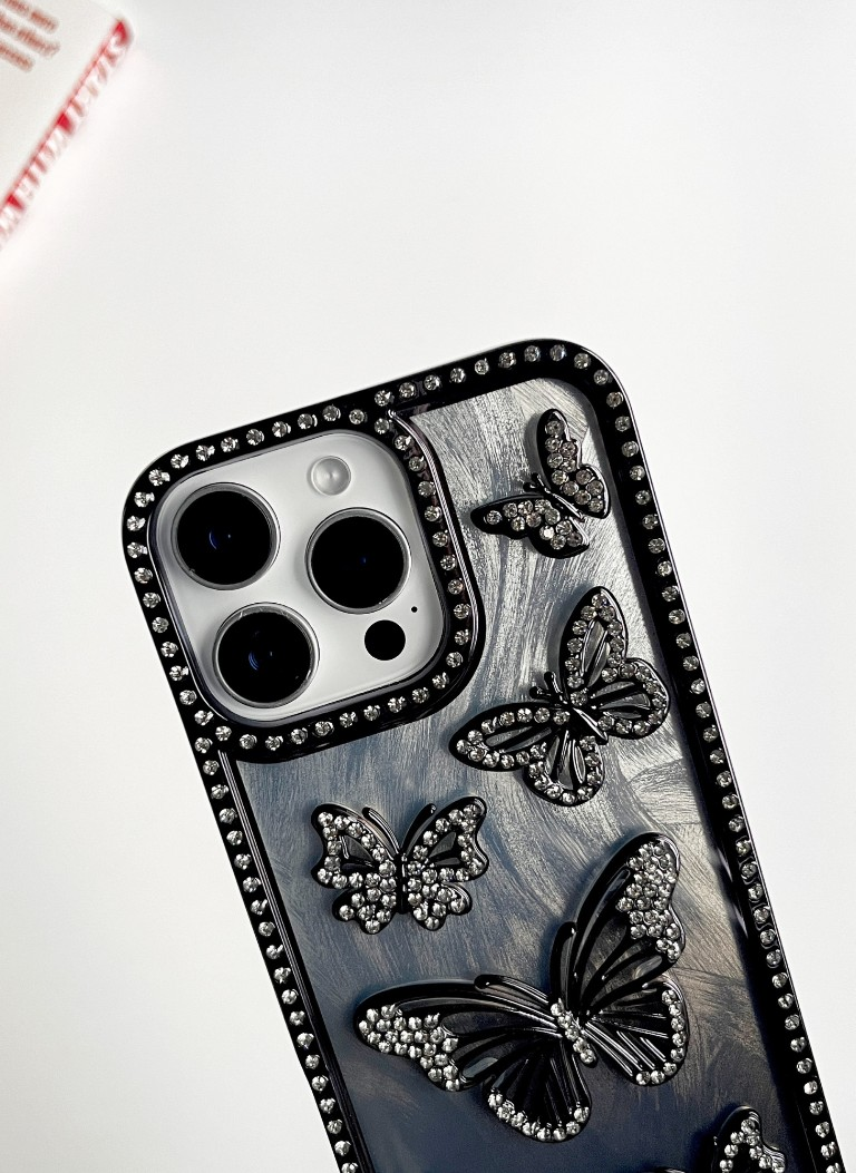 Black Color Butterfly Phone Case With Studded Diamonds