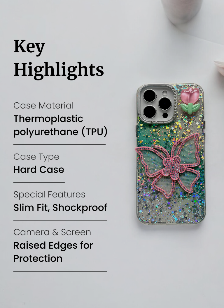 Green Sparkle Bloom 3D Butterfly Phone Case with Charm