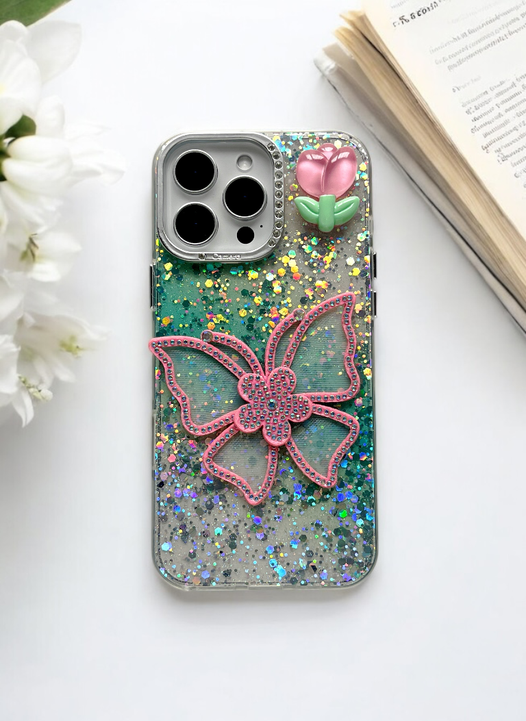 Green Sparkle Bloom 3D Butterfly Phone Case with Charm