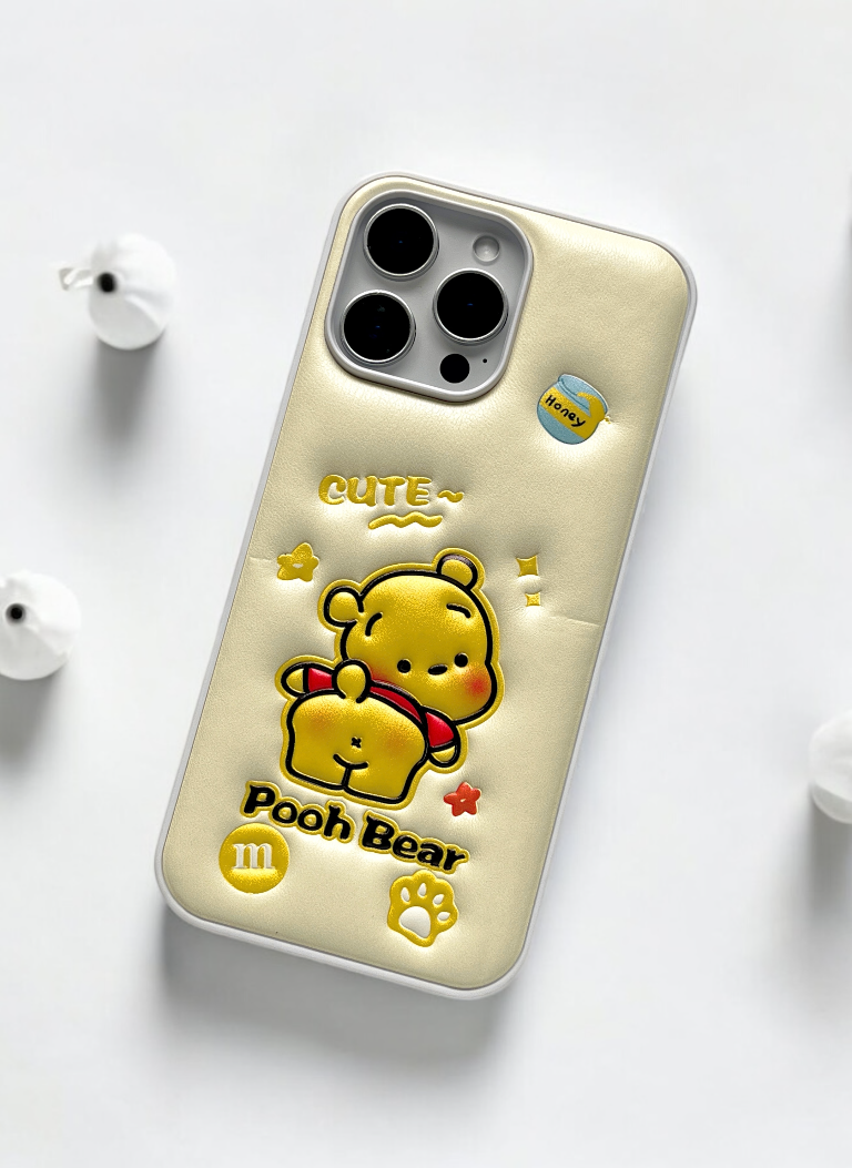 Cream Pooh Bear Soft Leather Texture Phone Case