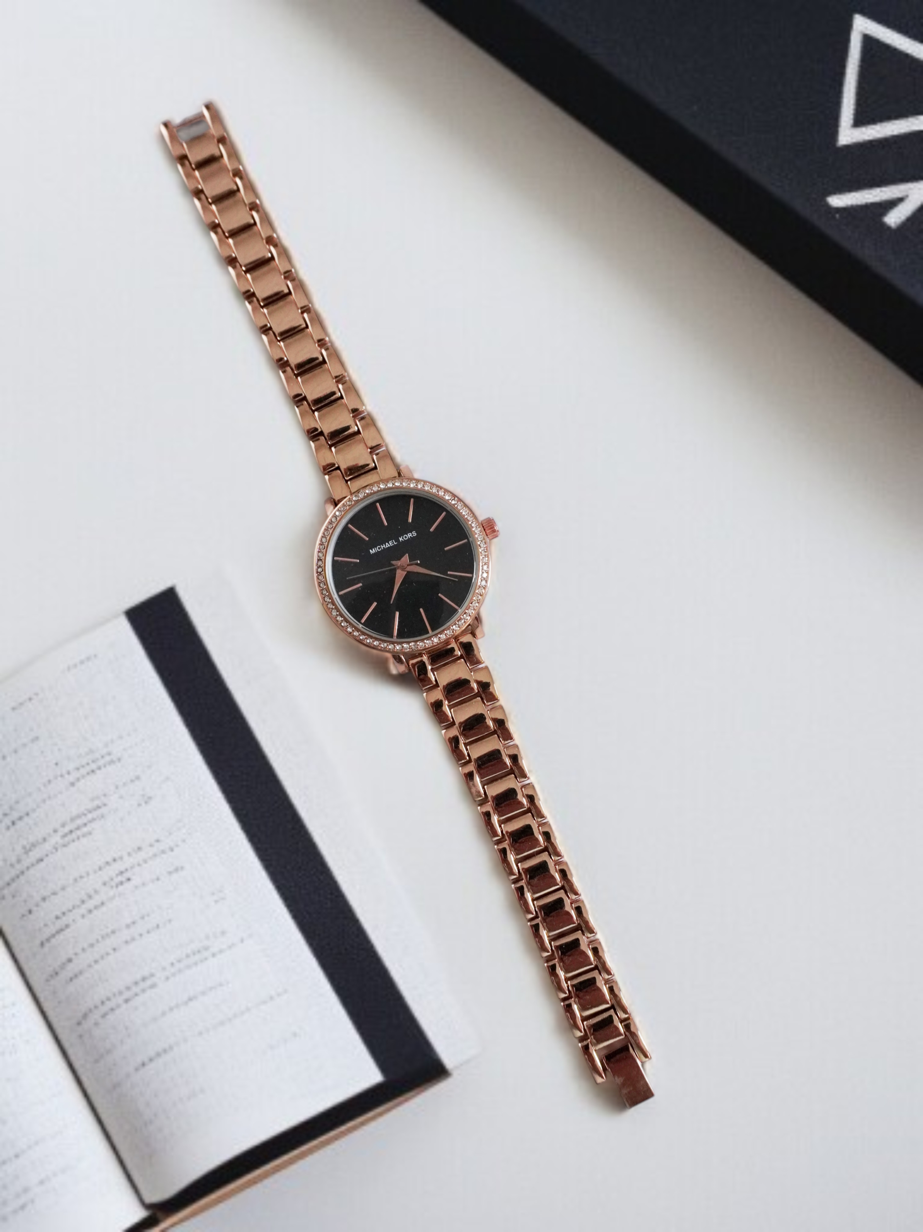 Michael Kors Women’s 34mm Rose Gold Analog Watch – Black Dial with Crystal Bezel