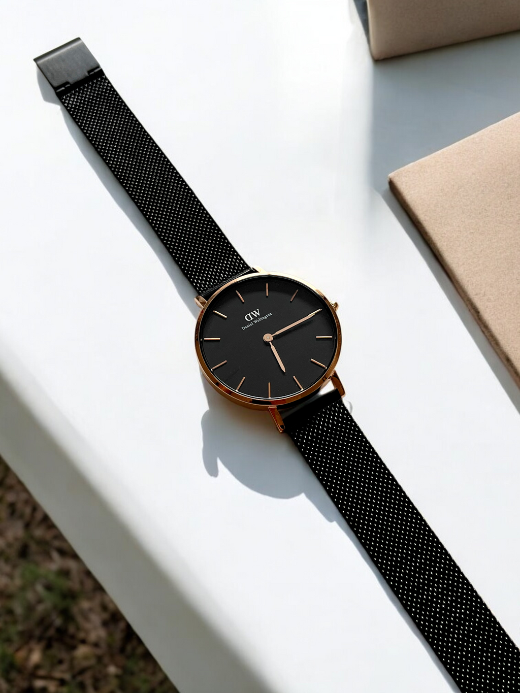 Daniel Wellington Classic Petite 36mm Watch – Black Mesh Strap with Rose Gold Case & Black Dial