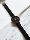 Daniel Wellington Classic Petite 36mm Watch – Black Mesh Strap with Rose Gold Case & Black Dial