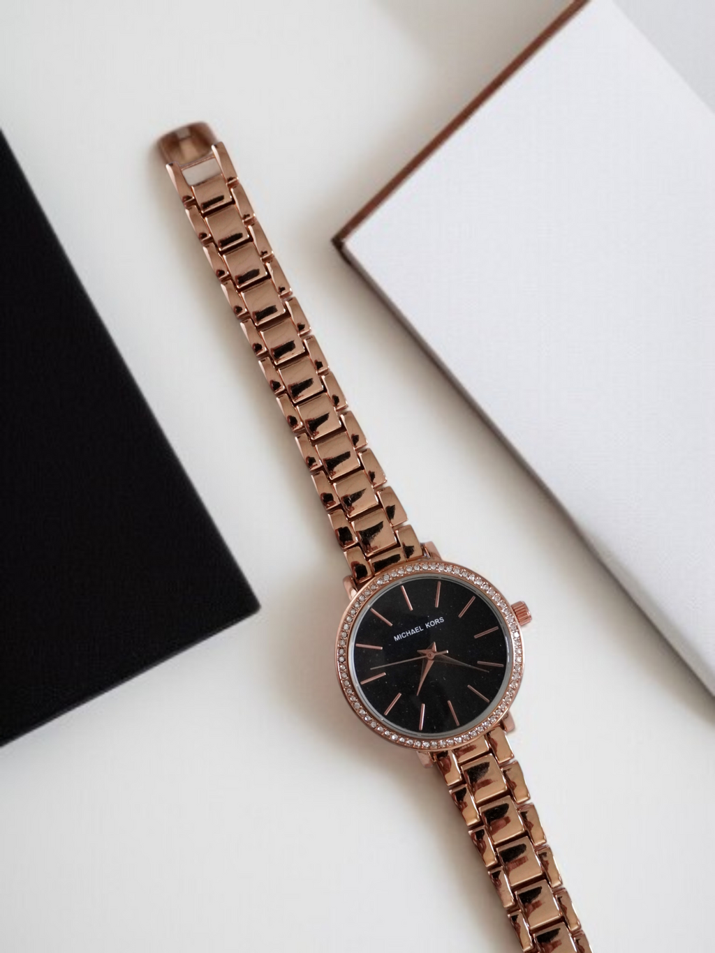 Michael Kors Women’s 34mm Rose Gold Analog Watch – Black Dial with Crystal Bezel