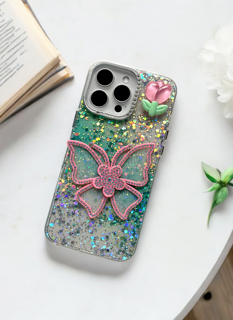 Green Sparkle Bloom 3D Butterfly Phone Case with Charm