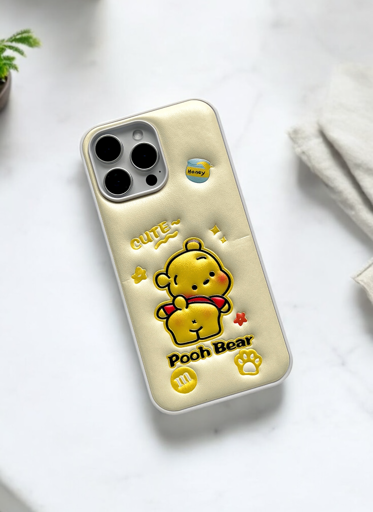 Cream Pooh Bear Soft Leather Texture Phone Case